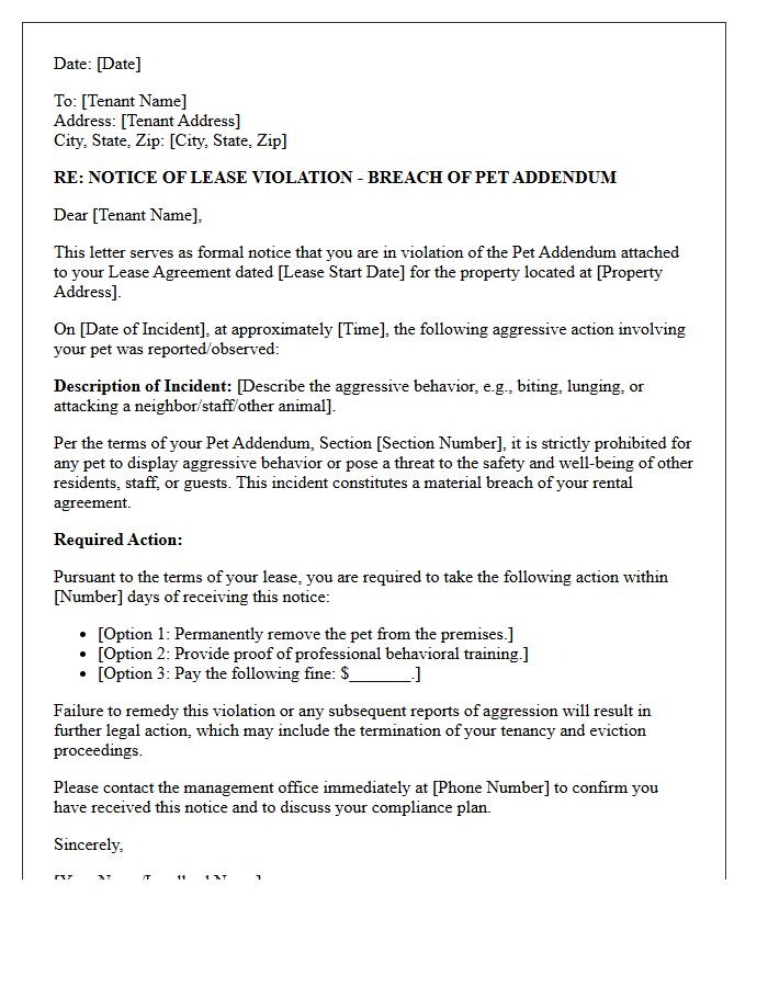 Breach of Pet Addendum Letter for Aggressive Action