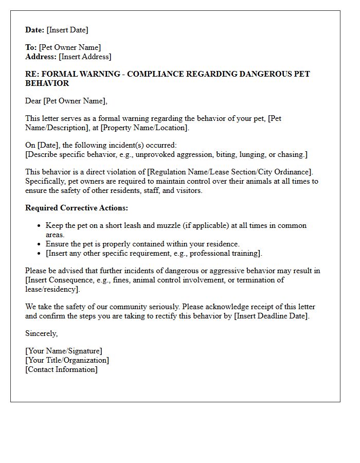 Compliance Warning Letter Regarding Dangerous Pet Behavior