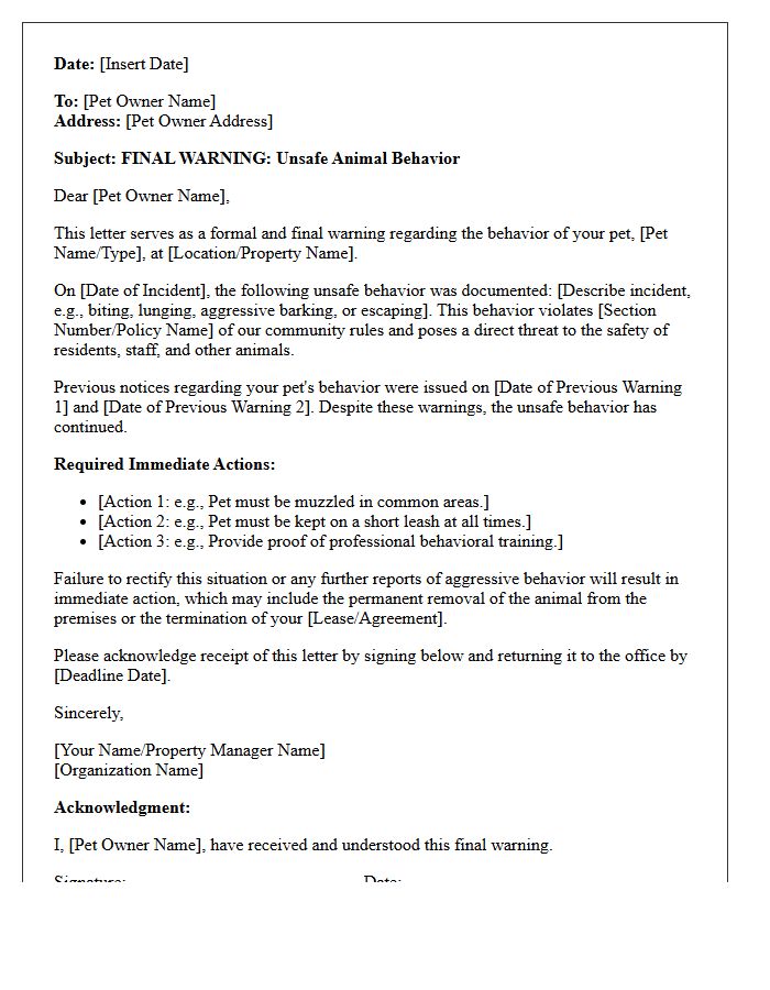 Final Warning Letter for Unsafe Animal Behavior