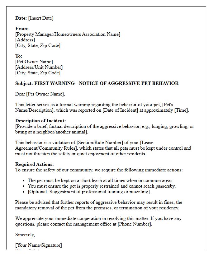 First Warning Letter for Aggressive Pet Behavior