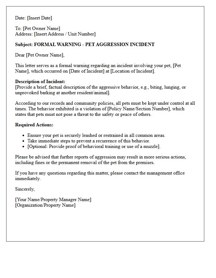Incident Report Warning Letter for Pet Aggression