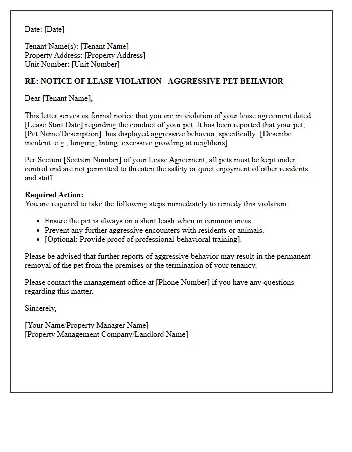 Lease Violation Letter Due to Aggressive Pet