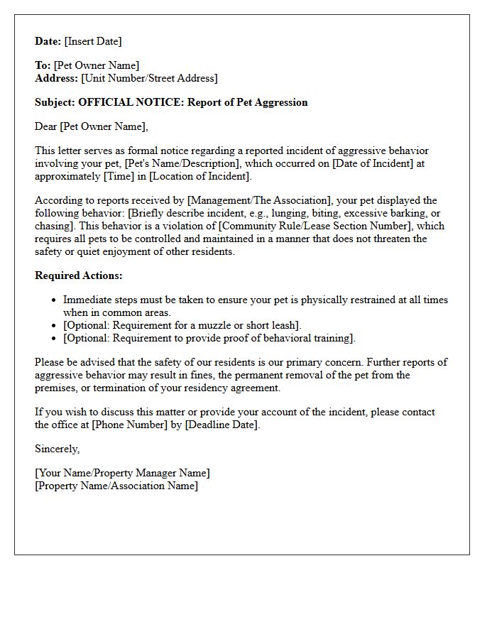 Notice Letter of Pet Aggression Toward Community Residents