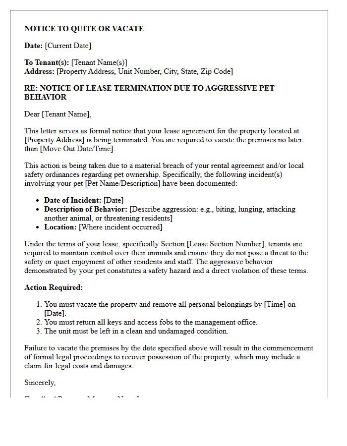 Notice of Eviction Letter Stemming From Aggressive Pet