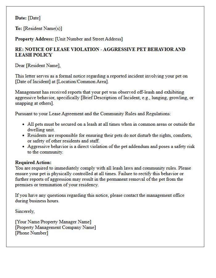 Property Management Letter for Off-Leash Aggressive Pet