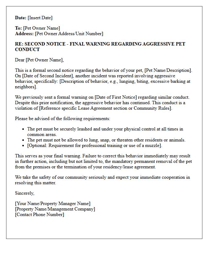 Second Notice Letter Regarding Aggressive Pet Conduct