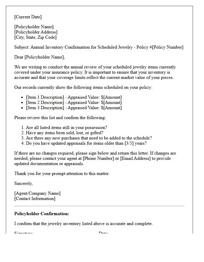Annual Inventory Confirmation Letter For Scheduled Jewelry