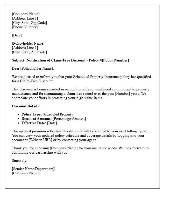 Claim-Free Discount Notification Letter For Scheduled Property