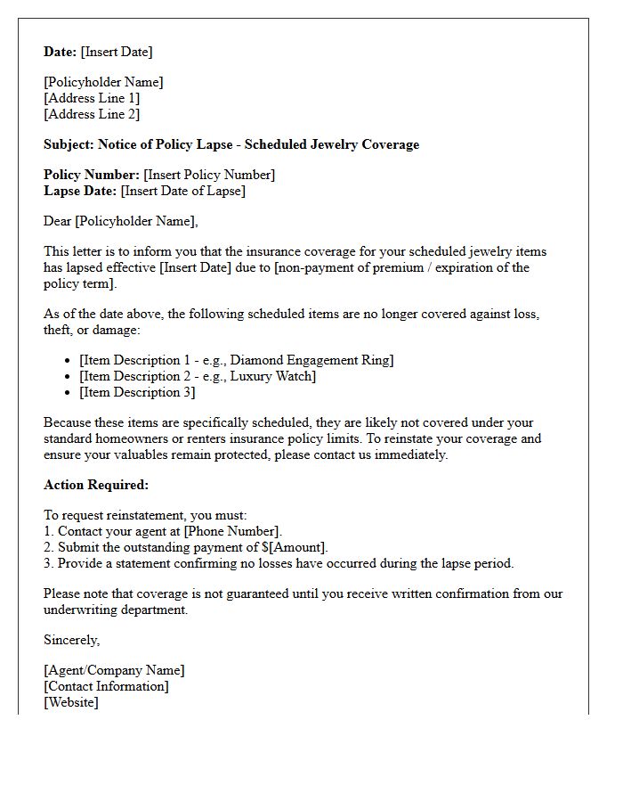 Policy Lapse Notification Letter For Scheduled Jewelry