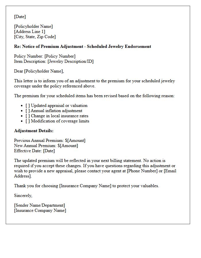 Premium Adjustment Notice Letter For Scheduled Jewelry