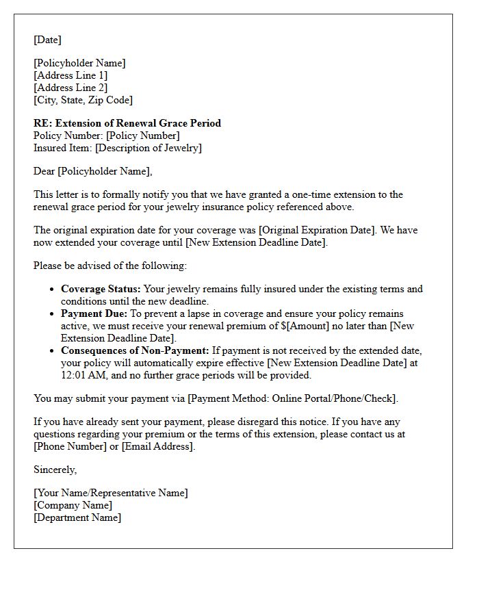 Renewal Grace Period Extension Letter For Jewelry Policy