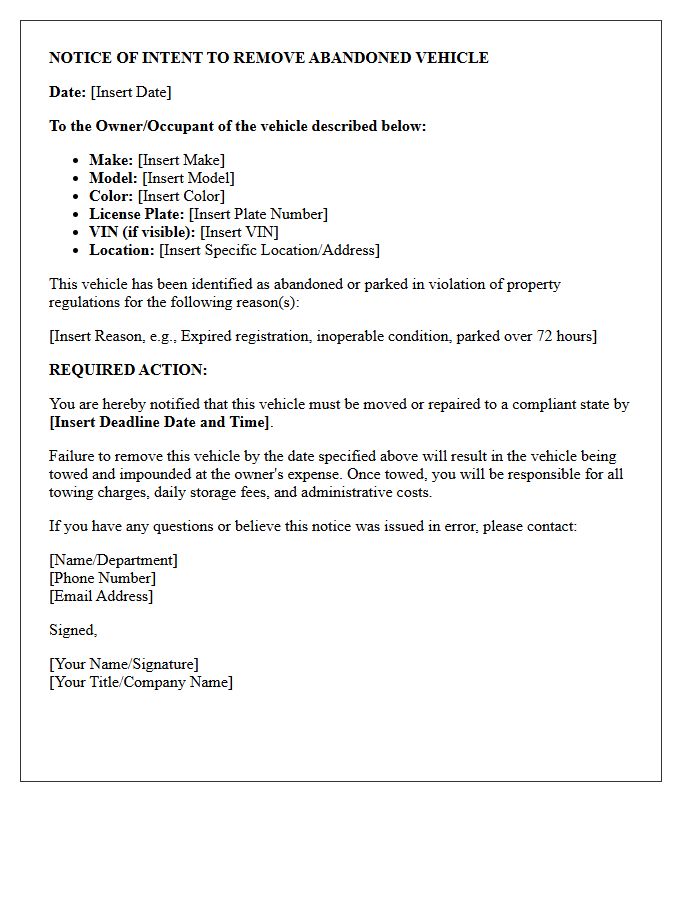 Abandoned Vehicle Removal Notice Letter