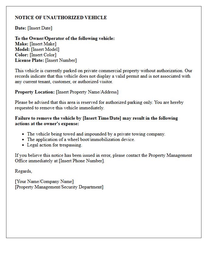 Commercial Property Unauthorized Vehicle Notice Letter