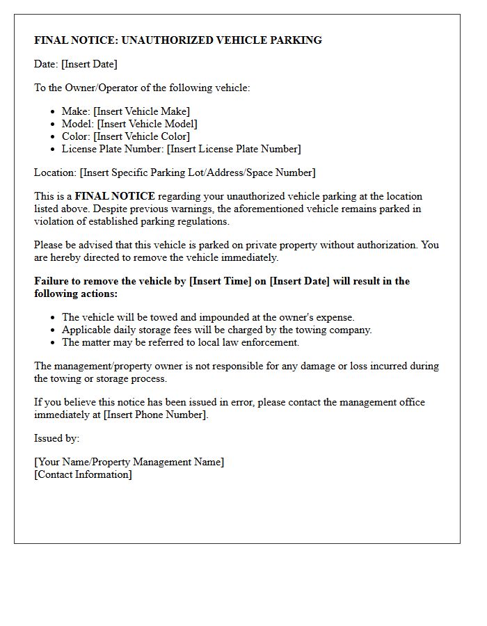 Final Notice Letter Regarding Unauthorized Vehicle Parking