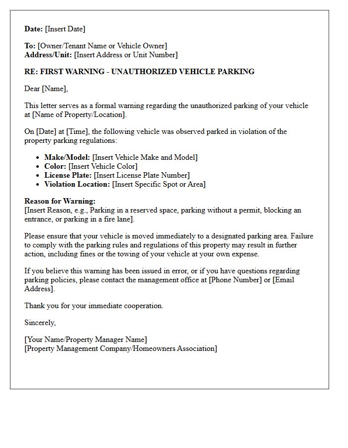 First Warning Letter for Unauthorized Vehicle Parking