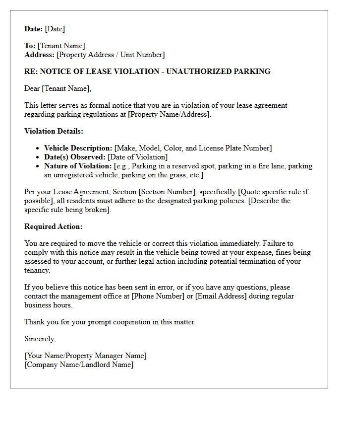 Lease Violation Letter for Unauthorized Parking