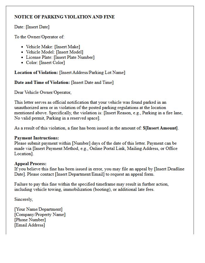 Notice of Fine Letter for Unauthorized Vehicle Parking