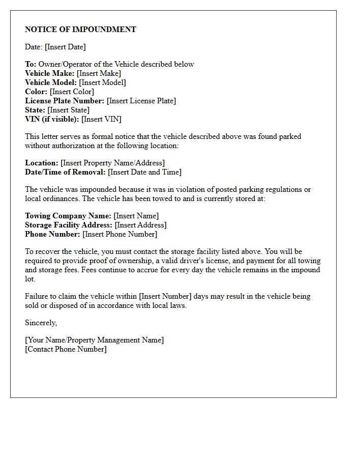 Notice of Impoundment Letter for Unauthorized Vehicle
