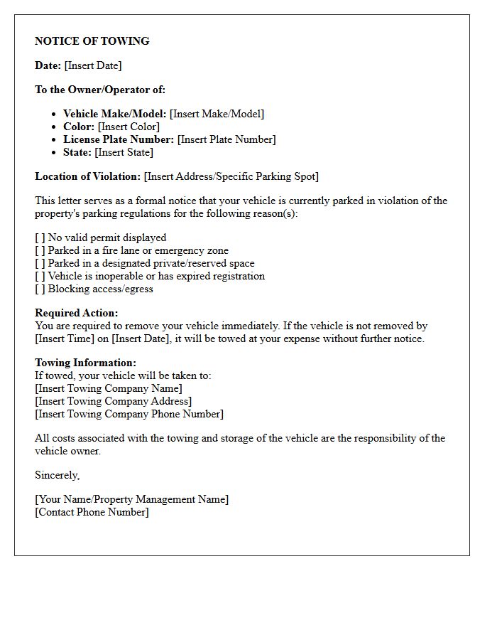 Notice of Towing Letter for Unauthorized Vehicle