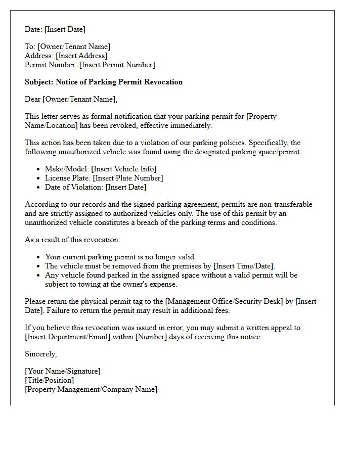 Parking Permit Revocation Letter for Unauthorized Vehicle