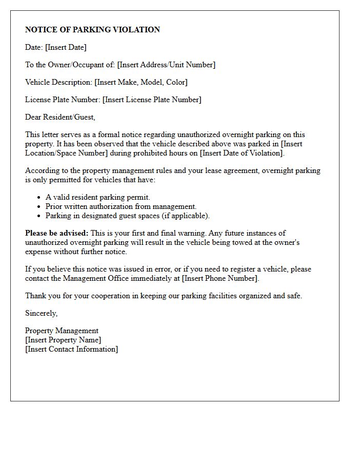 Property Management Letter for Unauthorized Overnight Parking