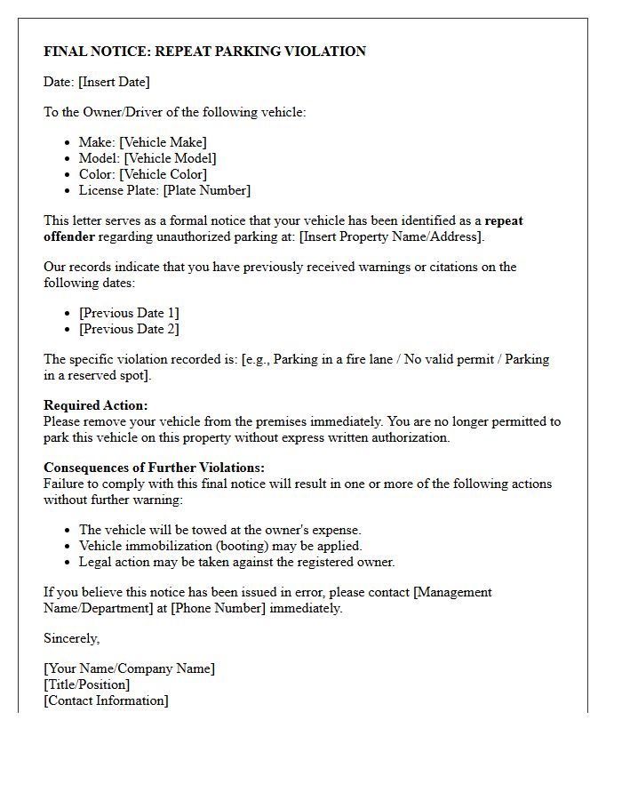 Repeat Offender Unauthorized Parking Violation Letter