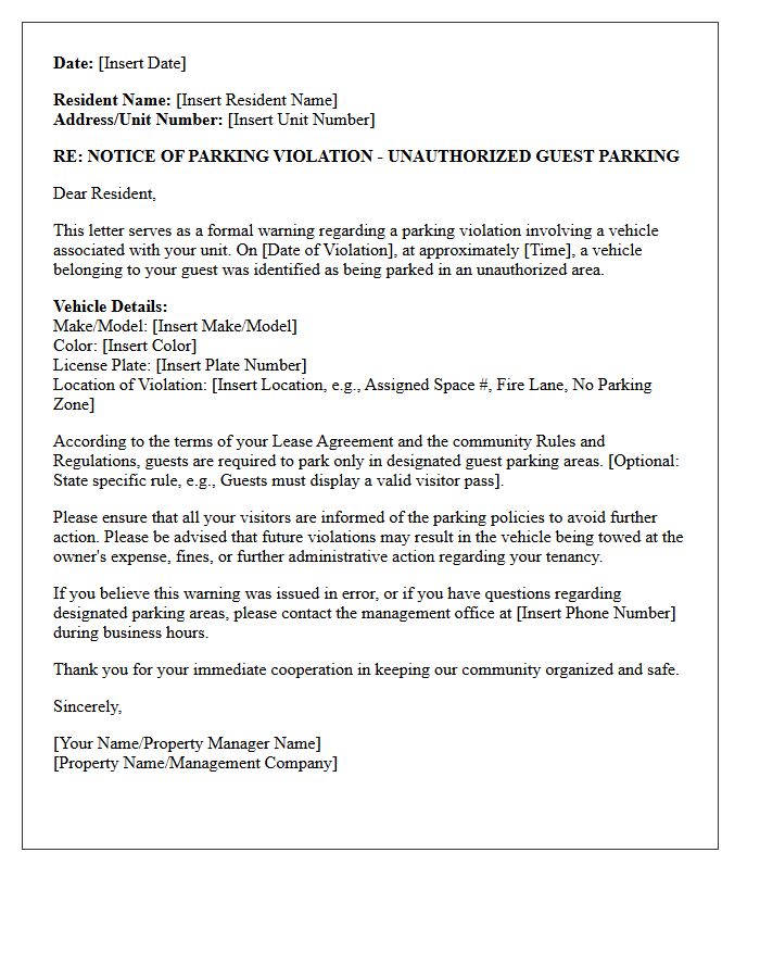 Resident Warning Letter for Guest Unauthorized Parking