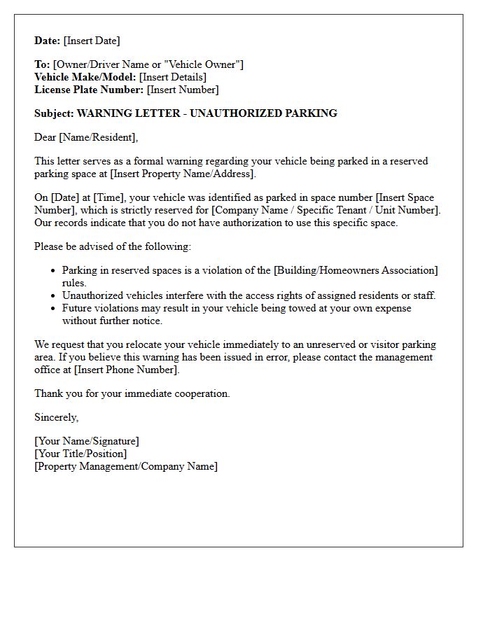 Warning Letter for Unauthorized Parking in Reserved Space