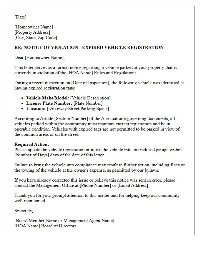 Homeowners Association Warning Letter For Expired Vehicle Registration