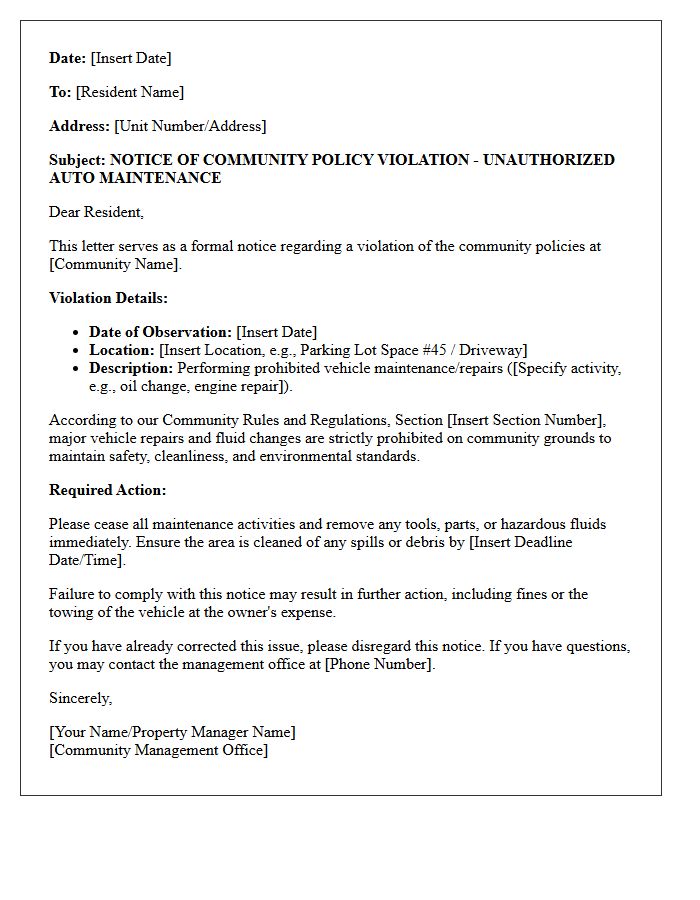 Community Policy Violation Letter for Auto Maintenance