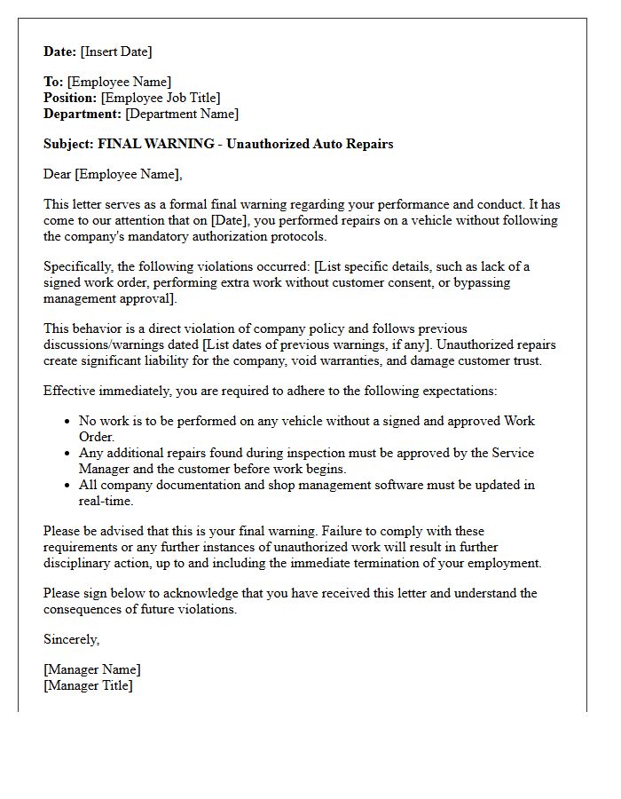 Final Warning Letter for Unauthorized Auto Repairs