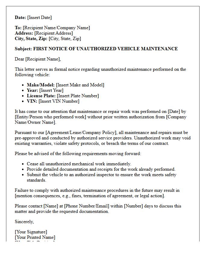 First Notice of Unauthorized Vehicle Maintenance Letter