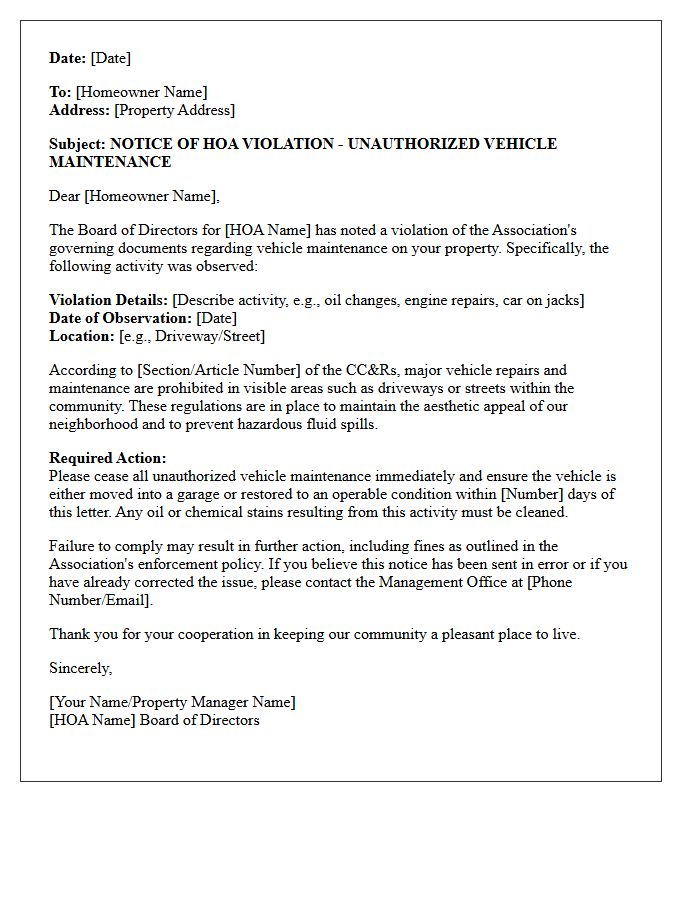 HOA Violation Letter for Unauthorized Vehicle Maintenance