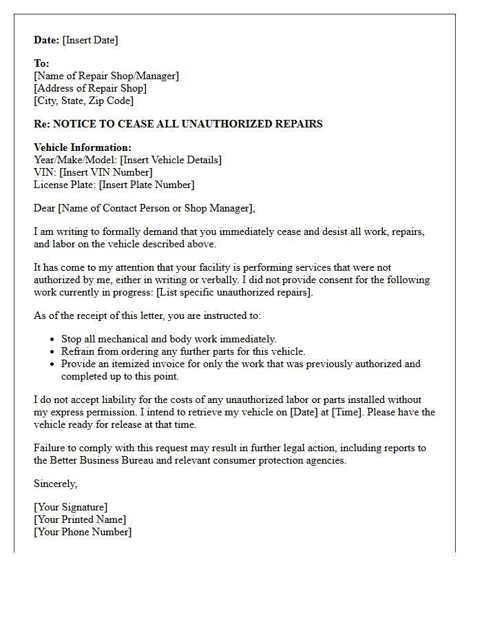Immediate Cessation Letter for Unauthorized Auto Repairs