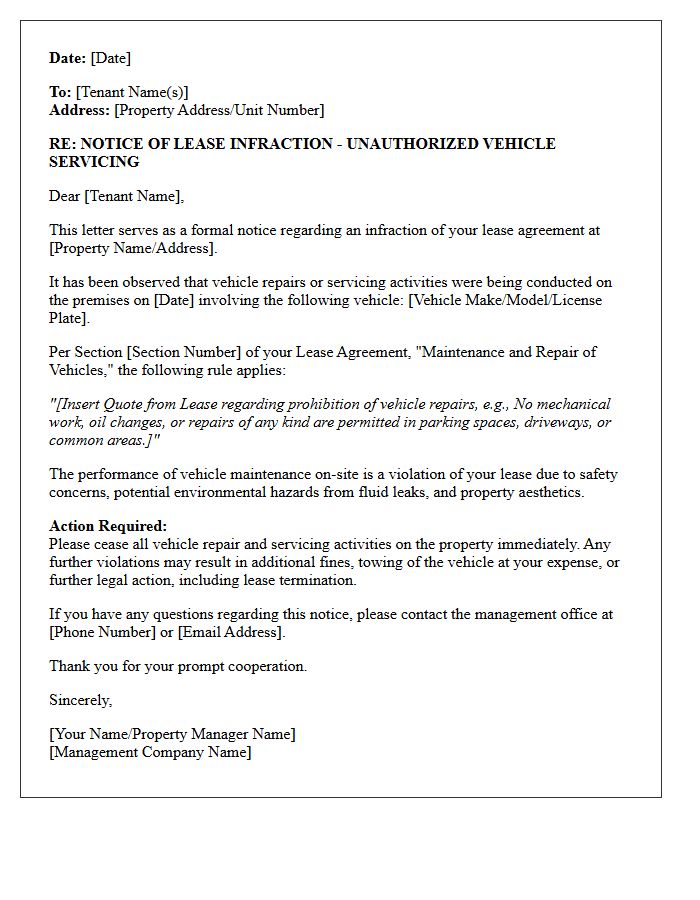 Notice of Lease Infraction Letter for Vehicle Servicing