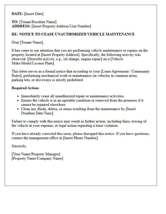 Notice to Cease Unauthorized Vehicle Maintenance Letter