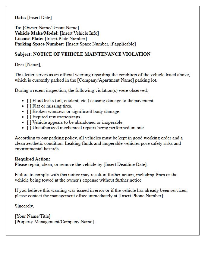 Parking Lot Vehicle Maintenance Warning Letter