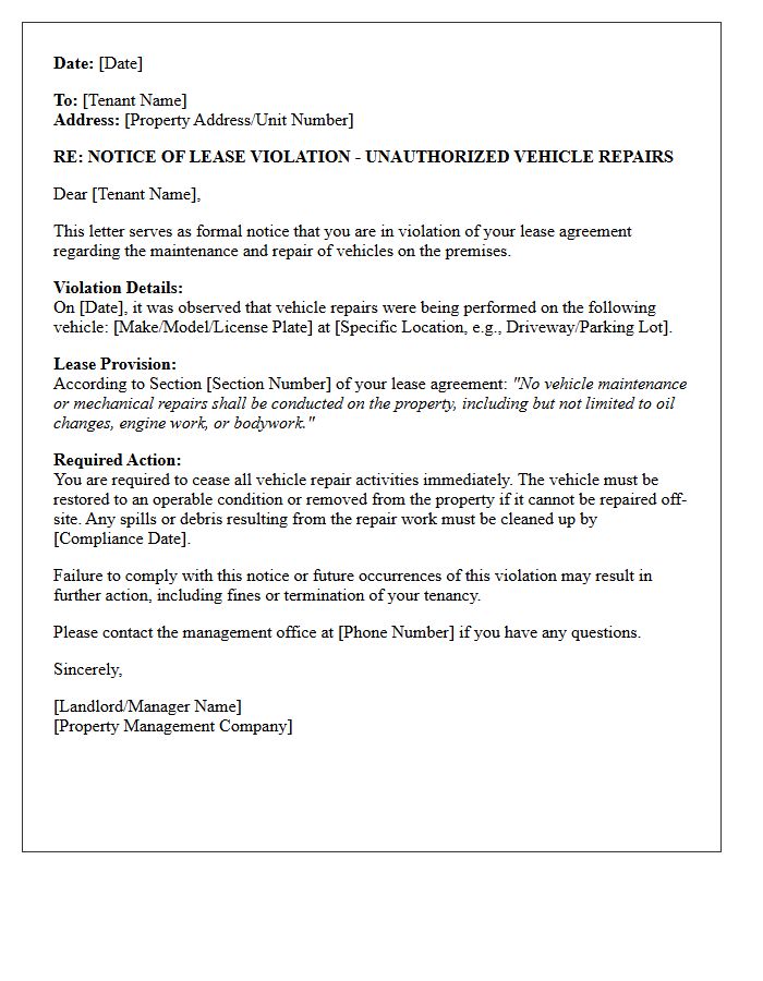 Property Lease Violation Letter for Vehicle Repairs