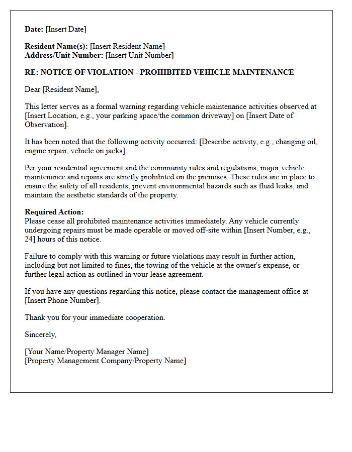 Resident Warning Letter for Prohibited Vehicle Maintenance