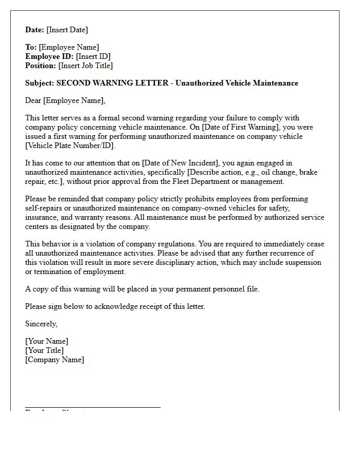 Second Warning Letter for Unauthorized Vehicle Maintenance