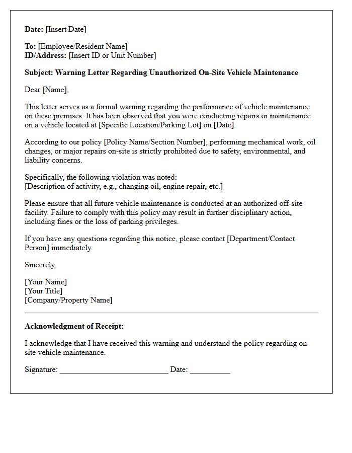 Warning Letter Regarding On-Site Vehicle Maintenance