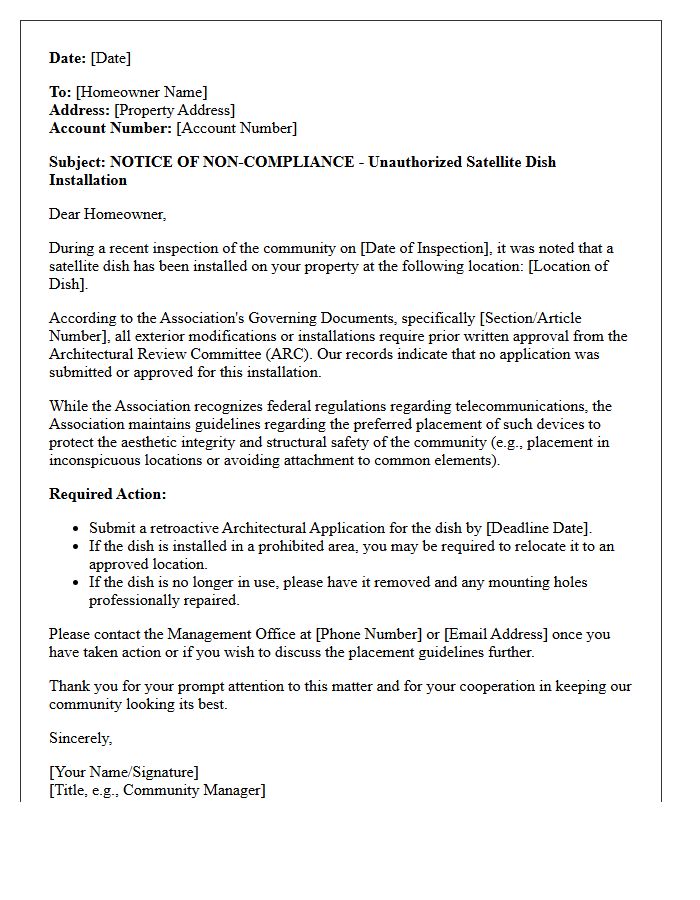 Community Association Compliance Letter for Unauthorized Satellite Dish