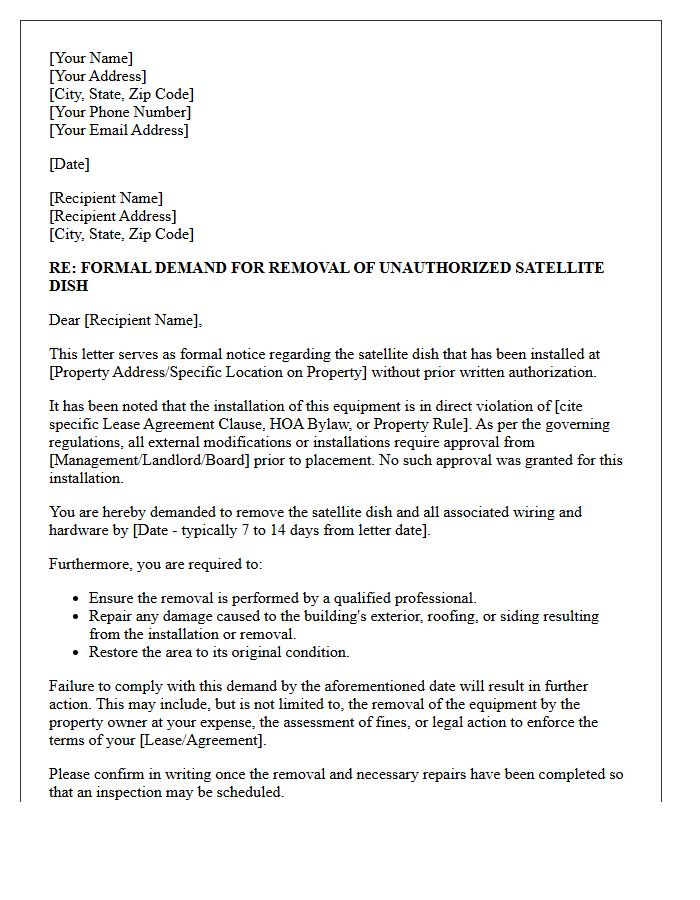 Formal Demand Letter for Unauthorized Satellite Dish Removal