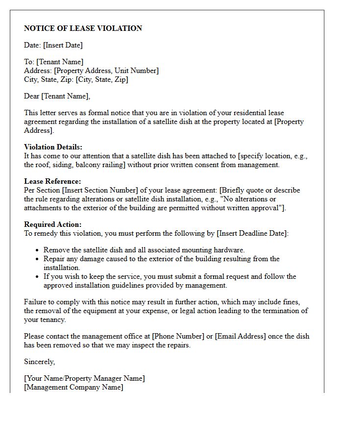 Lease Violation Letter for Unauthorized Satellite Dish Attachment
