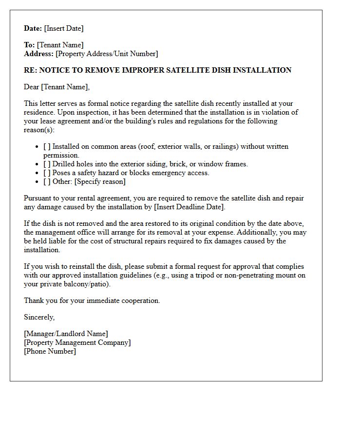 Notice to Remove Letter for Improper Satellite Dish Installation