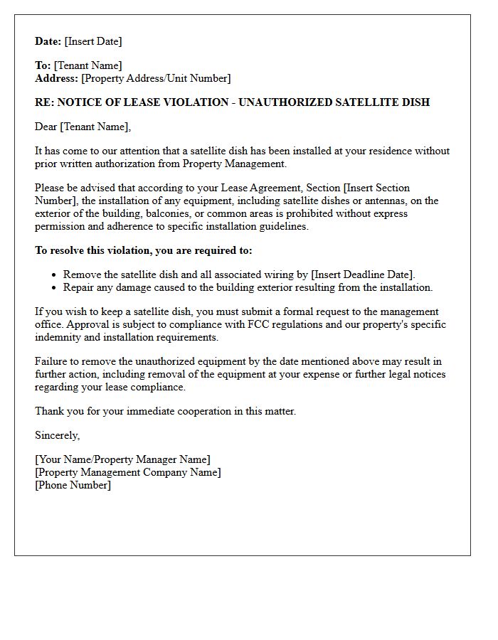 Property Management Warning Letter for Illegal Satellite Dish