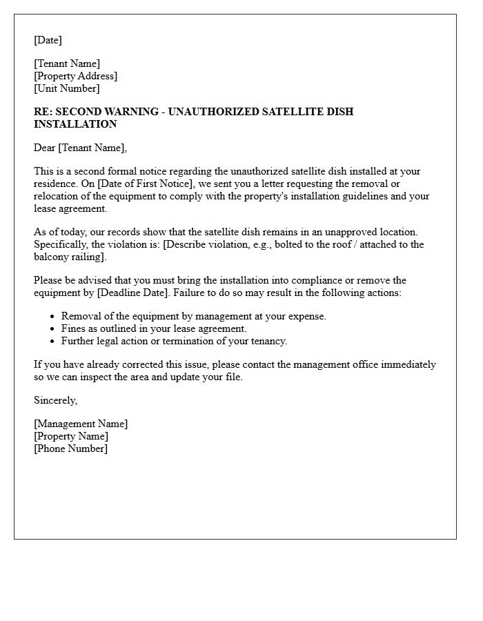 Second Warning Letter Regarding Unapproved Satellite Dish Placement