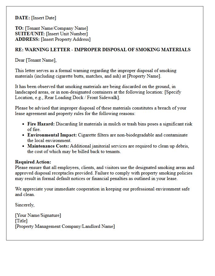 Commercial Property Warning Letter for Smoking Material Disposal