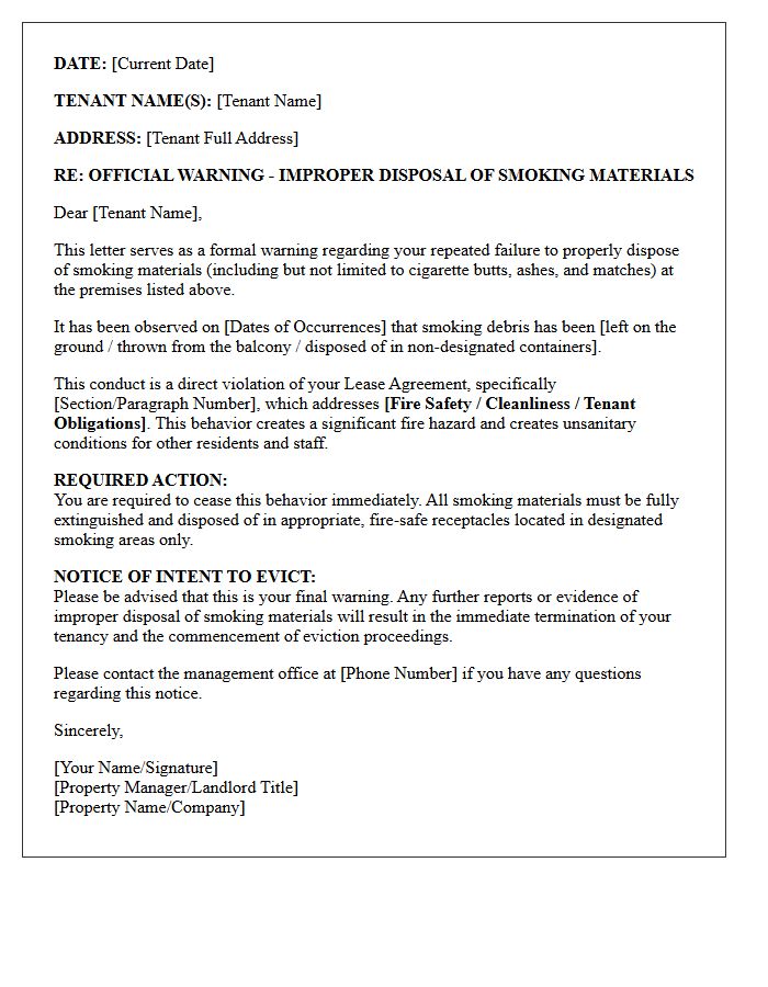 Eviction Warning Letter for Repeated Improper Disposal of Smoking Materials