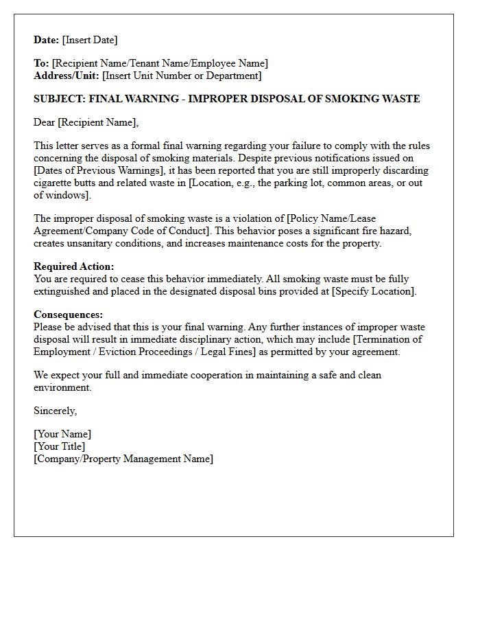 Final Warning Letter for Improper Disposal of Smoking Waste